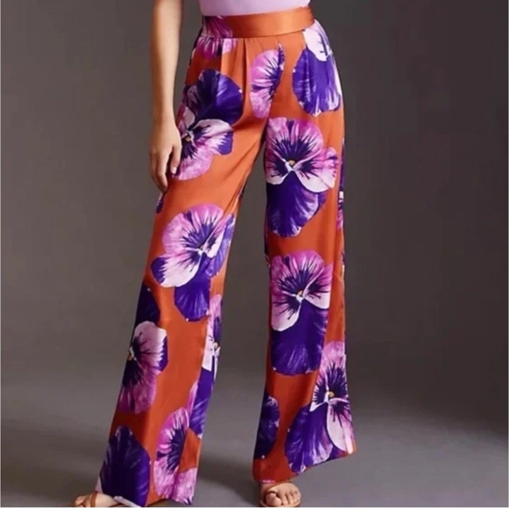 Anthropologie Floral Wide Leg Pants in Orange and Purple